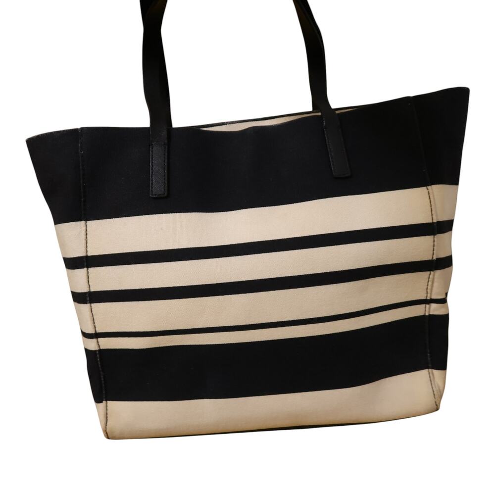 Kate Spade Bow Tote Black Cream Striped Canvas Shopper Bag Large - Picture 3 of 16
